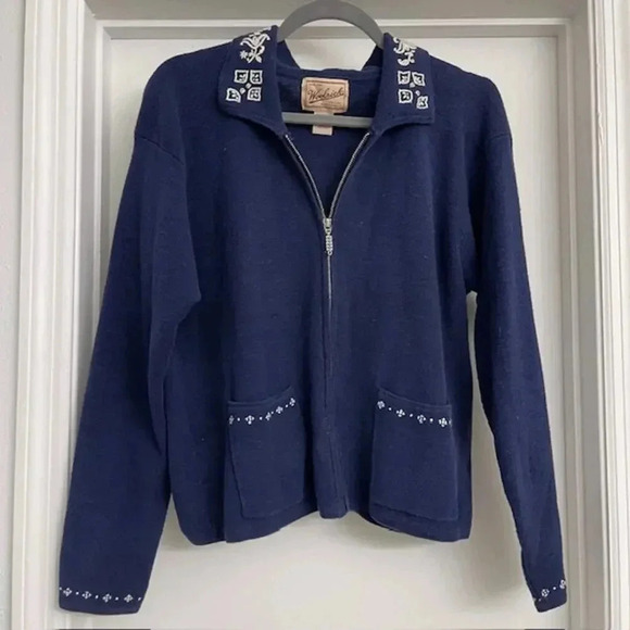 VTG Woolrich Full Zip Cardigan Navy Embroidered Sz M Cottagecore Grandma - Picture 1 of 8